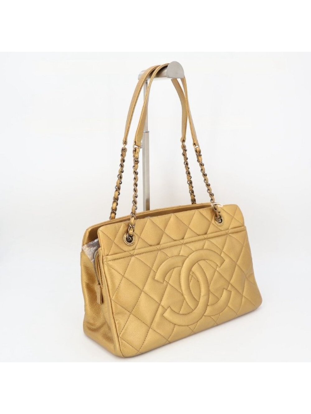 Chanel CC Logo Chain Tote Gold Caviar Leather Shoulder Bag